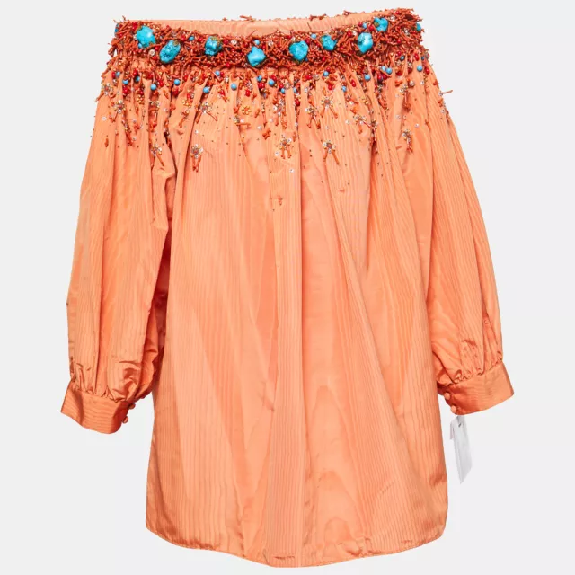 Christian Dior Orange Silk Embellished Off Shoulder Top M