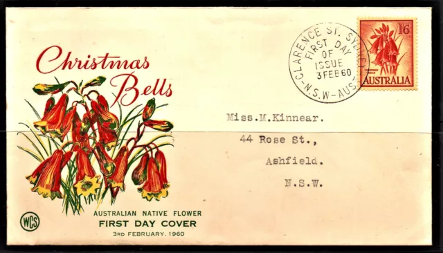 FDC 1/6 Red " RED YELLOW CHRISTMAS BELLS " CLARENCE ST. SYDNEY 1960