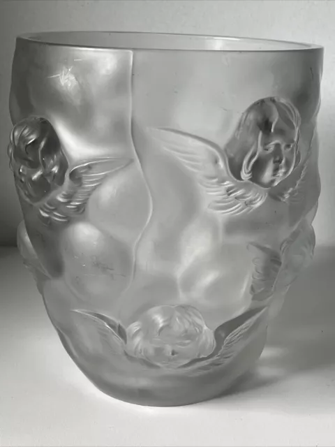 Vintage Lalique/Sabino Style Frosted Glass Cherub Putti Vase ~ 9.5"*beautiful*