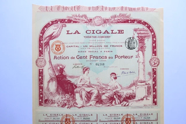 La Cigale Theatre Concert Action De 100 Francs Paris 1900 + Coupons
