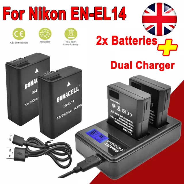 2PACK EN-EL14 EN-EL14a Battery & Charger for Nikon D3100 D3200 D5500 D5100 Cam