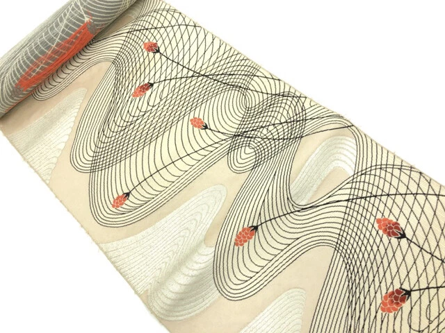 6659893: Japanese Kimono / Antique Bolt For Nagoya Obi / Woven Stream & Flower
