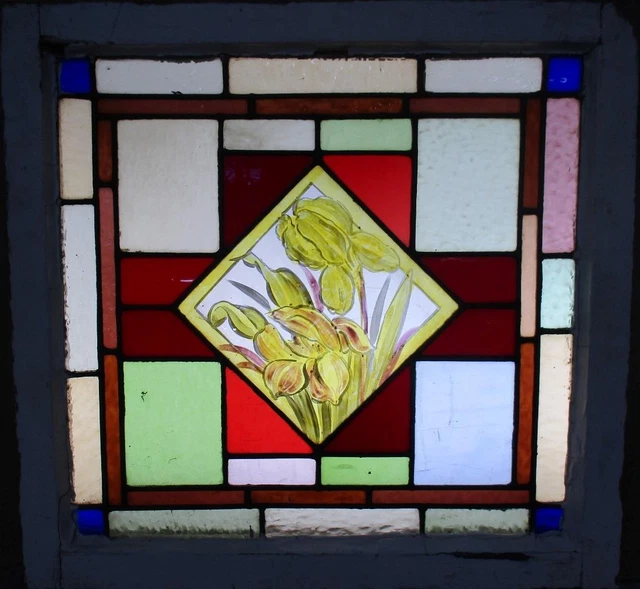 OLD ENGLISH LEADED STAINED GLASS WINDOW Hand Painted Floral 21" x 20"