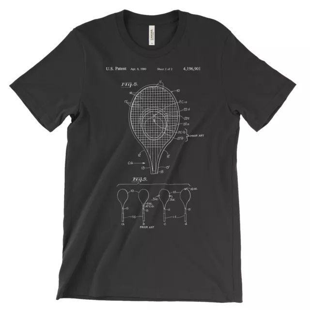 Tennis Racket Patent T-Shirt.100% Cotton Soft Comfy Tee on Black White or Gray