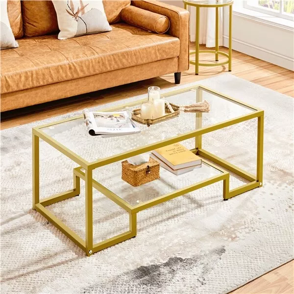 Glas Couchtisch Metallgestell Sofa Tisch Teetisch mit offenem Regal für Wohnzimmer 2