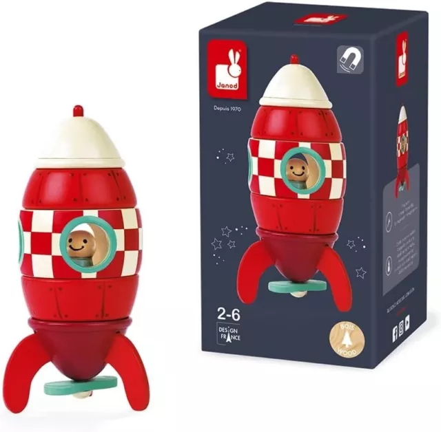 Janod My First Wooden Small Magnetic Rocket 16Cm 2-6 Years Brand New In Box