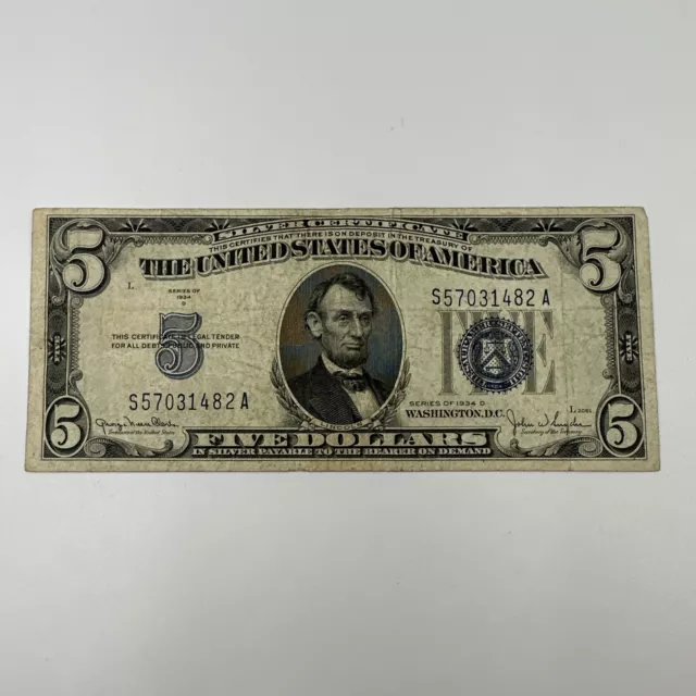 1934 D Five Dollar Silver Certificate $5 Bill Blue Seal