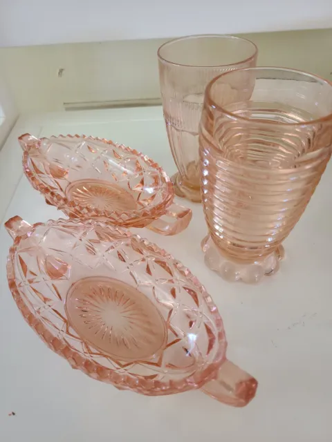 Vintage Imperial Little Jewel Diamond Block Pink Depression Glass Bowl Glasses