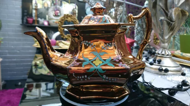 Atemberaubende große Staffordshire Kupfer Kronleuchter handbemalte Teekanne um 1840