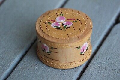 Russian Hand painted Wood Bark Round Trinket Box Floral