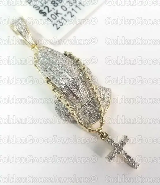 10K Yellow Gold Praying Pray Hand Hands Rosary Cross Religious Small 3D 1.5 Inch