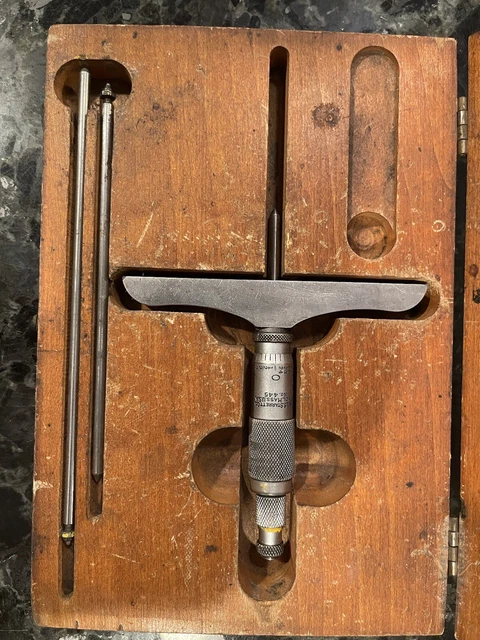 Vintage Starrett # 445 Micrometer Depth Gage In Wooden Case