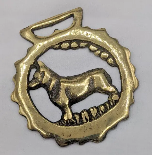 Brass Horse Medallion Vintage English Pup Dog Corgi Show Parade Harness Bridle