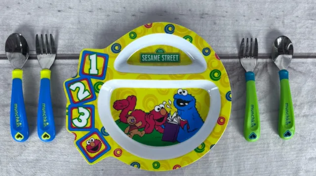 The First Years Sesame Street 123 Divided Plate Plastic  + Munchkin Silverware