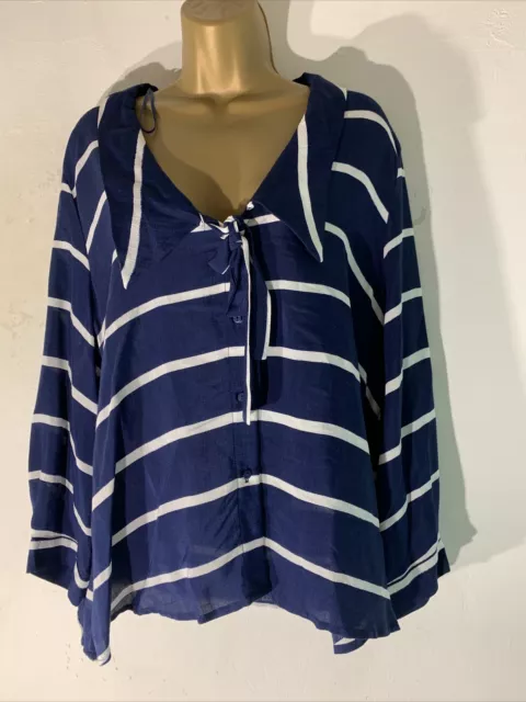 womens Zara Eu XL Large Blue&white Stripe 3/4 Sleeve Casual Shirt V Neck blouse