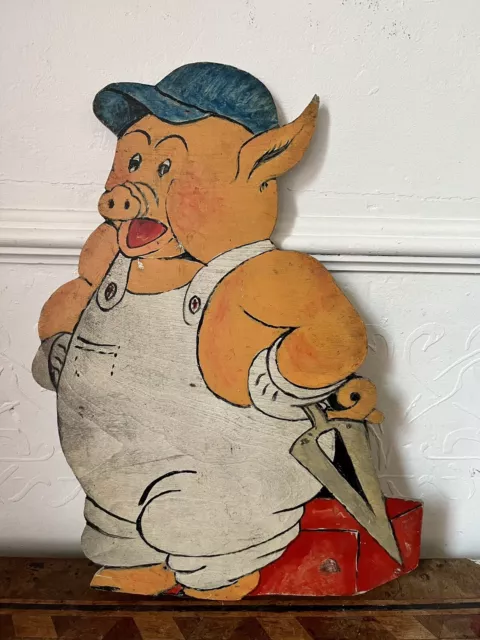 1930s Vintage Hand Painted Wooden Folk Art Disney Three Little Pig Cut Out Sign