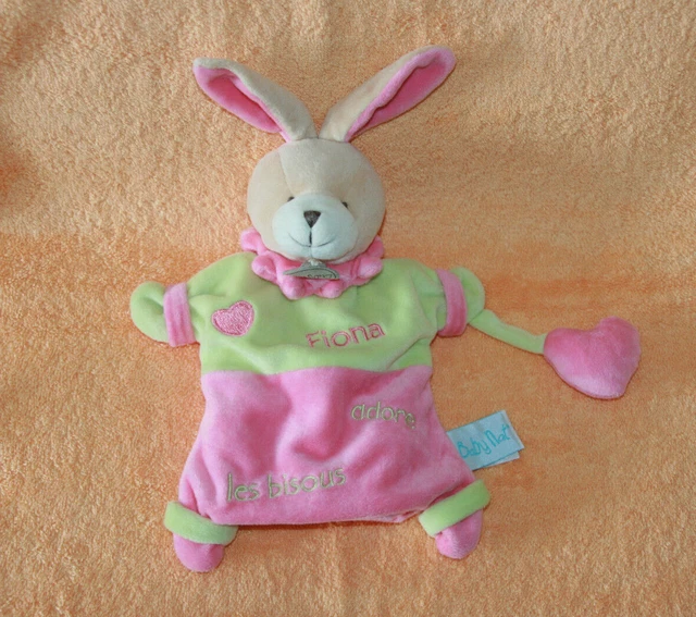 Babynat Doudou Lapin Marionnette Rose Vert Fiona Adore Les Bisous Etat Neuf