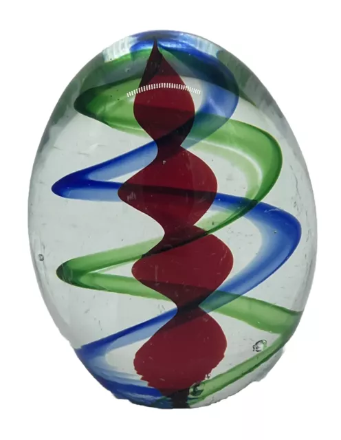 Art Glass Multicolor Swirl Paperweight Clear Green Blue & Red Egg *Condition
