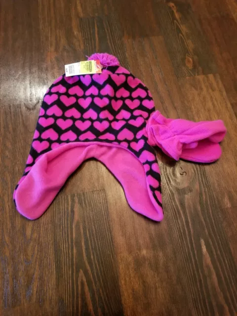 Girls Black & Pink Hearts Beanie w/ Gloves - 2 Piece Set