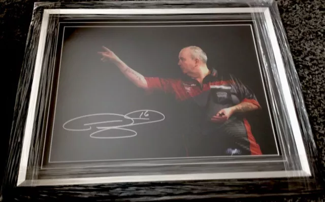 Phil Taylor Signed Darts Photo 16 x12 Memorabilia Framed AFTAL Dealer Proof Coa