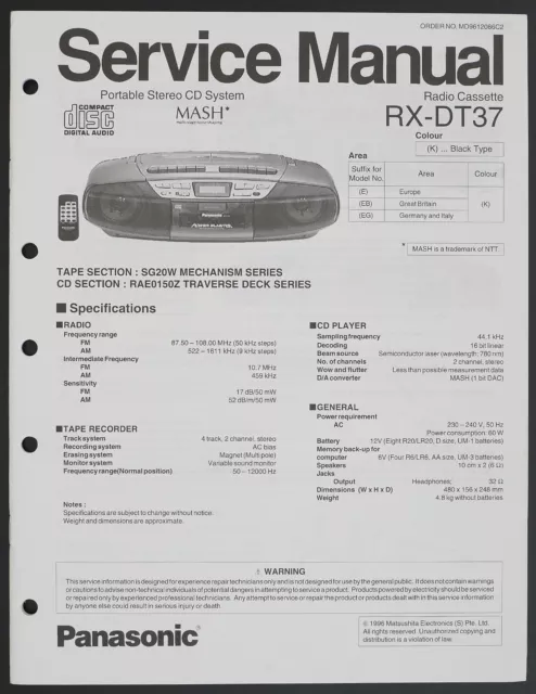 Original PANASONIC RX-DT37 Stereo CD System EU Service Manual/Diagram/Parts o189