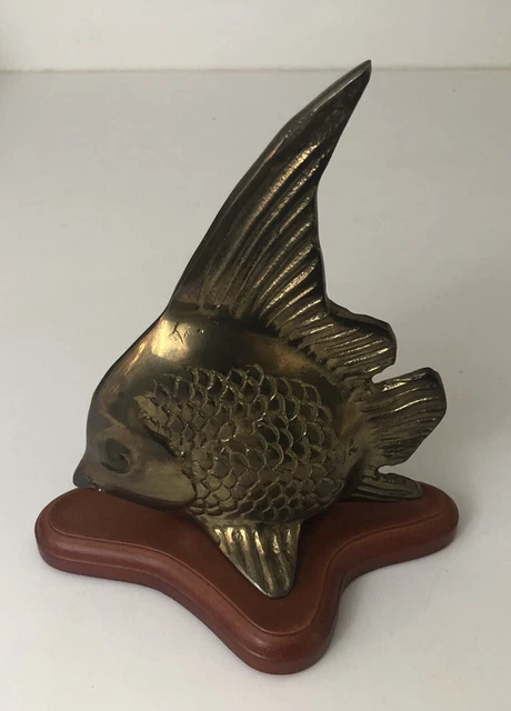 Vintage Brass Angel Fish  Figure with Wooden Base, Heavy, Large, 9 inches tall