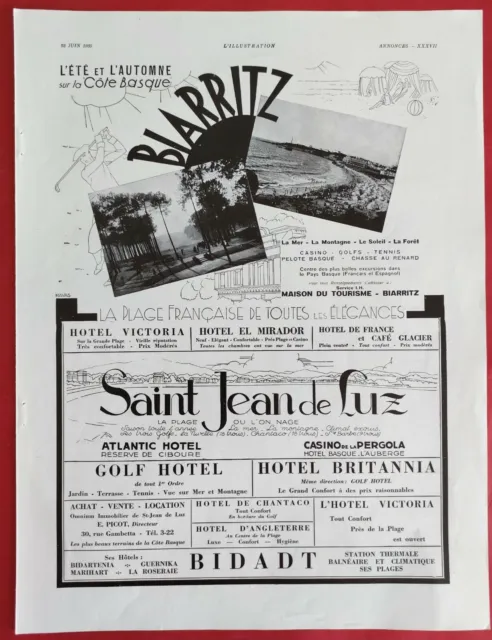Publicité de presse 1930 Tourisme Côte Basque BIARRITZ ST JEAN DE LUZ BIDART