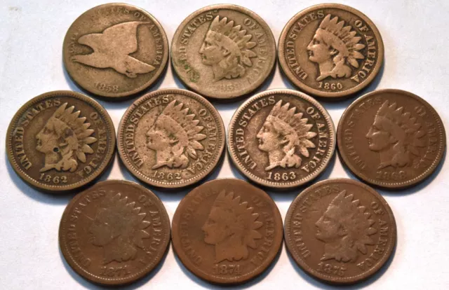 Lot (10) Flying Eagle Indian Head Cents 1858 1859 1860 1868 1871 1874 1875 Penny
