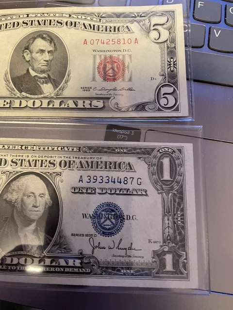 $5 Red Seal Five Dollar Bill 1963 & 1935D $1 Silver Certificate Lot Of 1 Each
