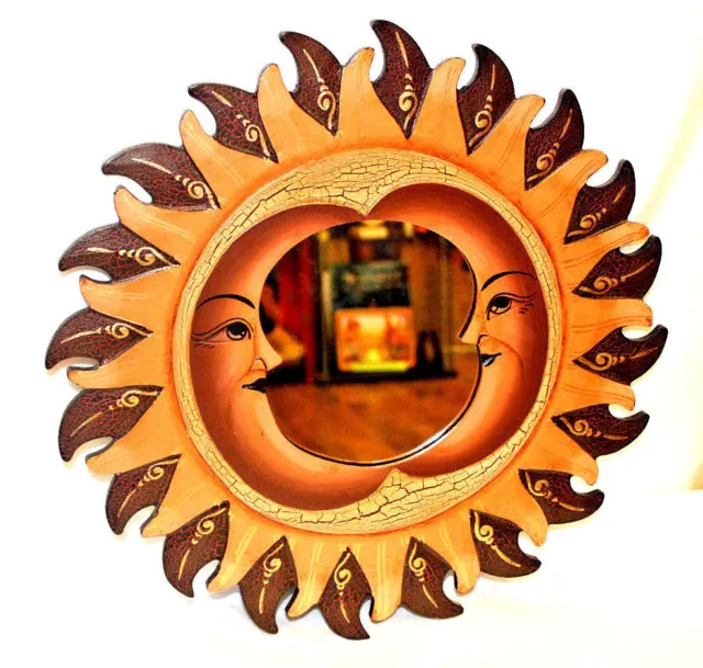 Wall Decor Mirror Beautiful Nice Gift Painted Carved Round Sun Moon Brown Orange