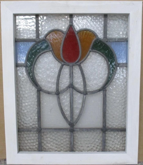 OLD ENGLISH LEADED STAINED GLASS WINDOW Cute Floral 17.25" x 20.75"