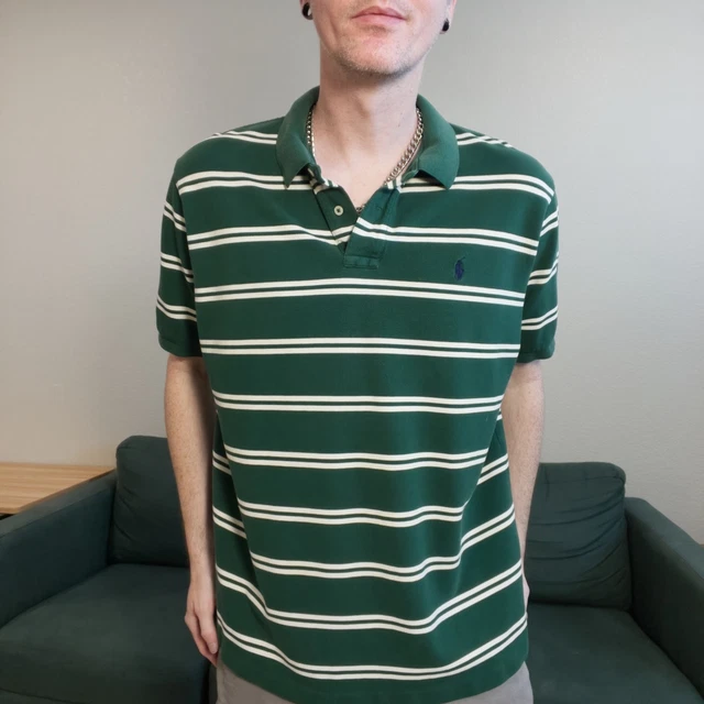 Vintage Polo Ralph Lauren Men's XXL Green/White Striped Polo Shirt