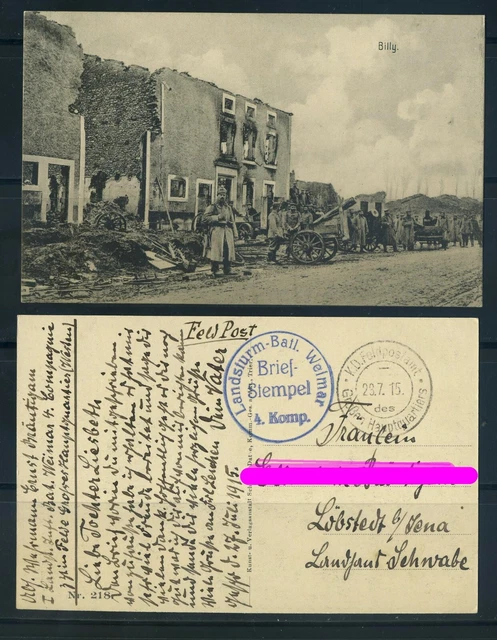 Karte 1.WK Feldpostkarte Landsturm-Batl. Weimar nach Löbstedt #h560