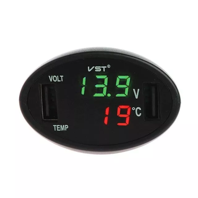 Car Charger 2.1A Dual Port Fast USB Van Digital Thermometer Voltmeter Black