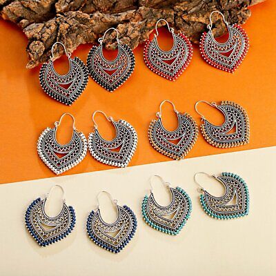 Vintage Women Bohemia Heart Ethnic Geometic Gypsy Silver Hook Stud Boho Earrings