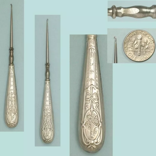 Antique Silver Plated Flower Basket Crochet Hook * French * Circa 1900
