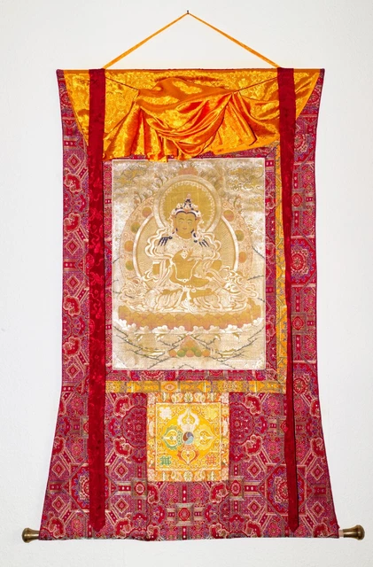 Dorje Sempa Thangka Tibet, 24K Gold in Brokat, Bodhisattva Nepal Himalaya Unikat