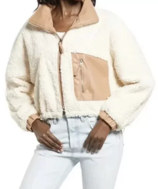 NWT BLANKNYC Faux Shearling with Faux Leather Trim Cropped Bomber Jacket Sz XS