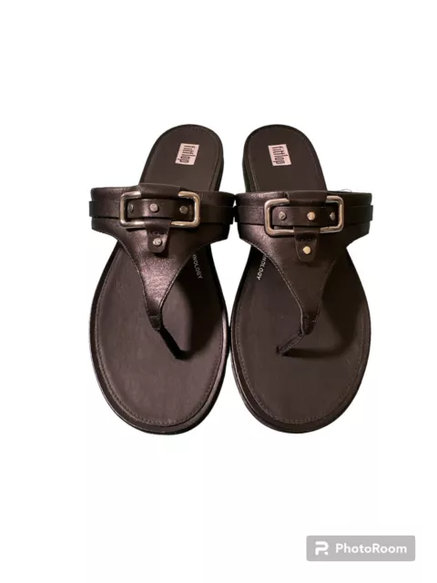 Fitflop Gracie Stud Buckle Toe-Post Thong Leather Sandals Black 10 New