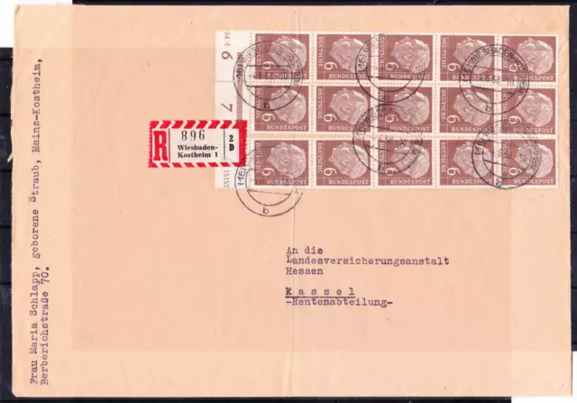 Bund Heuss I,  6 Pf,  Mi. 180 im 15er-Block mit Unterrand HAN auf Einschr. Brief