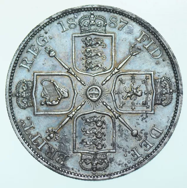 1887 Victoria Jubilee Head Silver Double Florin, Arabic 1, British Coin Ef