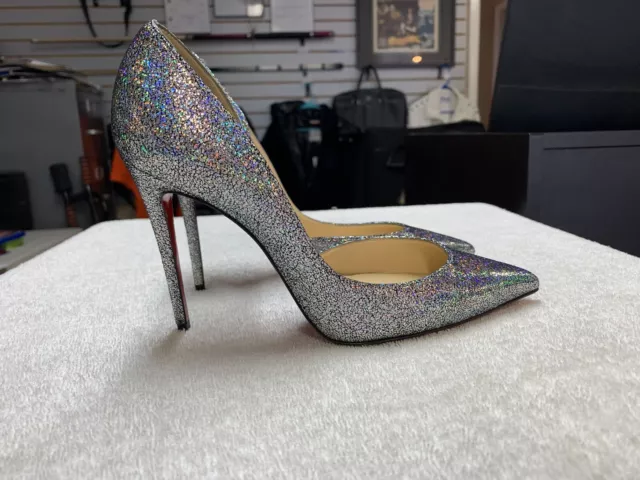 Christian Louboutin Iriza 100 Nappa Mica Silver Glitter Pumps Heels (Size 36)