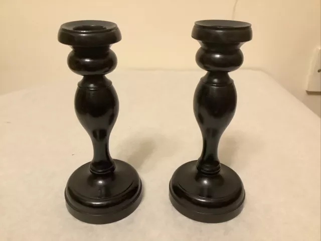 Vintage Ebony Candlesticks Antique Dressing Table Dresser Turned Pair Black Wood