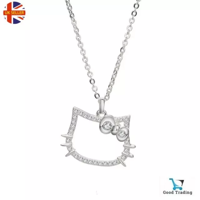 Hello Kitty Diamond Crystal Silver Necklace Cute Kitten Cat Charm Pendant Gift