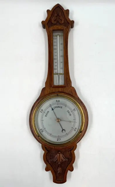 Vintage Banjo Barometer Carved Wood Wall Hanging 47cm Thermometer T2750 C3596