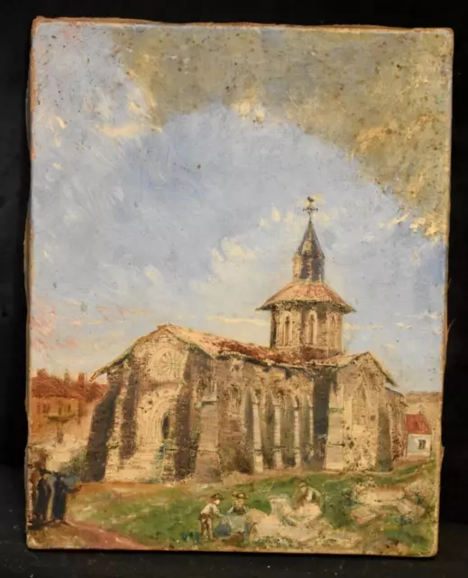 Tableau ancien étude paysage animé église en construction fin XIXème
