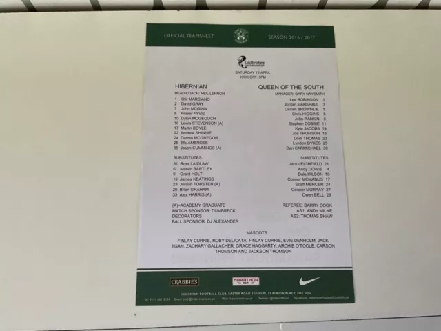 Hibernian Hibs v Queen of the South Team Sheet. April 2017.