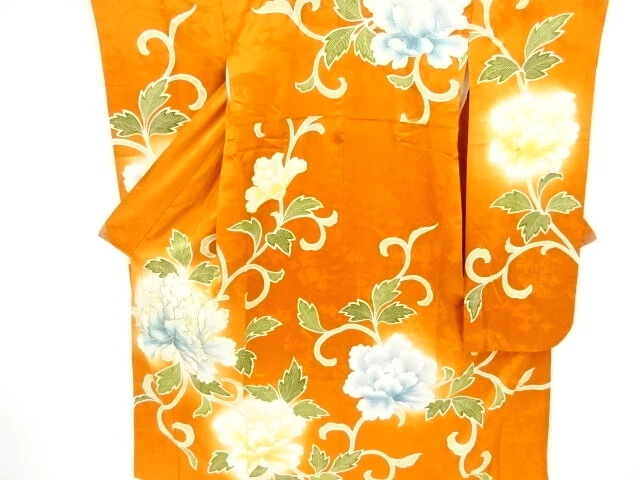 83025# Japanese Kimono / Antique Furisode / Embroidery / Peony & Arabesque