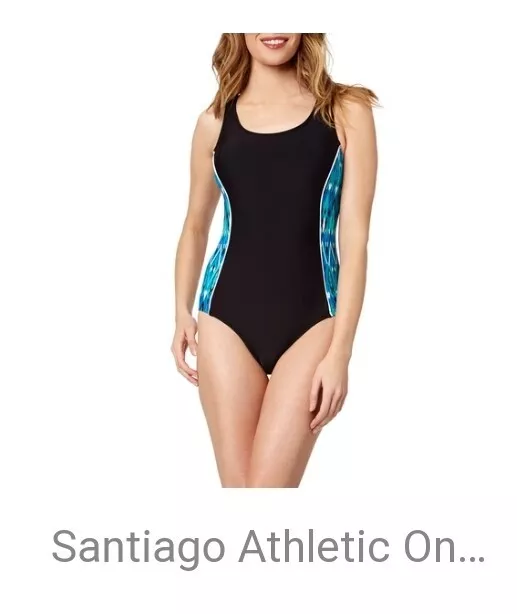 Catalina Womans One Piece Athletic Swimsuit Black & Blue Large 12-14 Modest  NEW