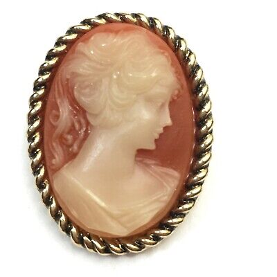 Vintage 70's CAMEO BROOCH, Carved Cellulose, Costume Jewelry, Pin w Free Box